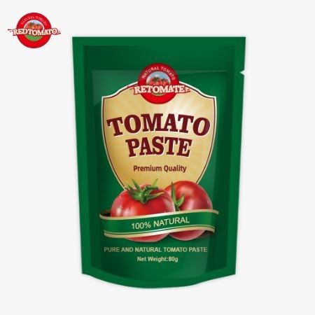৮০ গ্রাম স্ট্যান্ড-আপ প্যাকেজ যা ৩০% থেকে ১০০% পর্যন্ত বিশুদ্ধতার স্তরের ডাবল-কনসেন্টেড টমেটো পেস্ট ধারণ করে