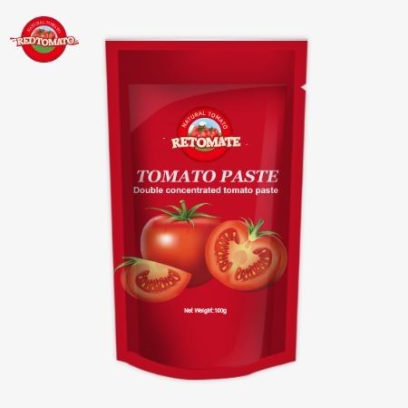 ওএম 100 গ্রাম স্ট্যান্ড-আপ স্যাচেটে 30% থেকে 100% পর্যন্ত বিশুদ্ধতার সাথে ডাবল-কেন্দ্রিত টমেটো পেস্ট রয়েছে