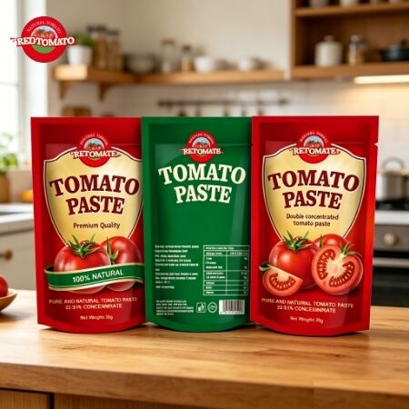 আইএসও, এইচএসিসিপি, বিআরসি, এফডিএ সার্টিফিকেশন সহ 50 গ্রাম ট্রিপল কনসেন্ট্রেশন স্ট্যান্ড-আপ স্যাচেট টমেটো পেস্ট