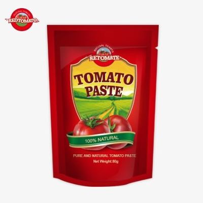 ৮০ গ্রাম ডাবল কনসেন্ট্রেটেড টমেটো পেস্ট ৩০% থেকে ১০০% পর্যন্ত বিশুদ্ধতার সাথে একটি স্ট্যান্ড আপ পকেটে প্যাক করা
