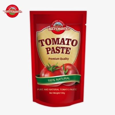 ওএম 100 গ্রাম স্ট্যান্ড-আপ স্যাচেটে 30% থেকে 100% পর্যন্ত বিশুদ্ধতার সাথে ডাবল-কেন্দ্রিত টমেটো পেস্ট রয়েছে